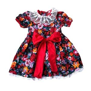 Vintage Atlanta baby girl Floral Dress with Red Bow and Lace Collar Size 4T